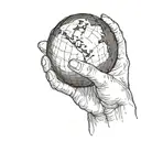 an upraised arm holding a black sphere in its hand as if it was going to throw it away from the viewer in profile  tattoo design idea