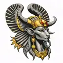 Tattoo design of a beauty black Egyptian goddess Hathor wearing a headdress of a cow horns and a sun disk. Having pretty tattoo design idea