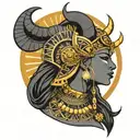 Tattoo design of a beauty black Egyptian goddess Hathor wearing a headdress of a cow horns and a sun disk. Having pretty tattoo design idea