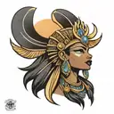 Tattoo design of a beauty black Egyptian goddess Hathor wearing a headdress of a cow horns and a sun disk. Having pretty tattoo design idea