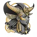 Tattoo design of a beauty black Egyptian goddess Hathor wearing a headdress of a cow horns and a sun disk. Having pretty tattoo design idea