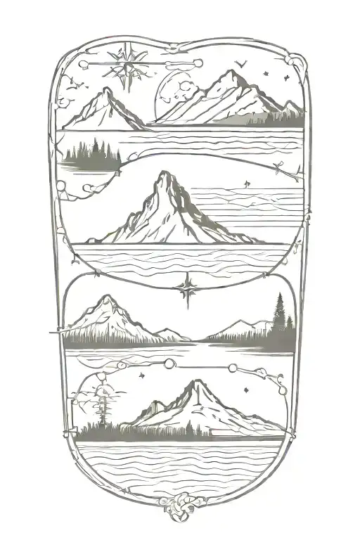 Compass directional lines with these landmarks: Haystack rock NW, mount hood NE, Alsea falls SW, crater lake SE tattoo design idea