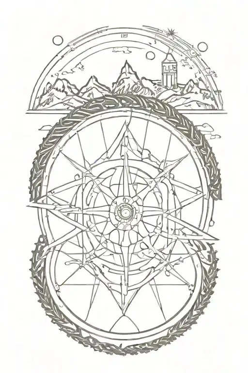 mountain bike tire with a compass as the wheel tattoo design idea