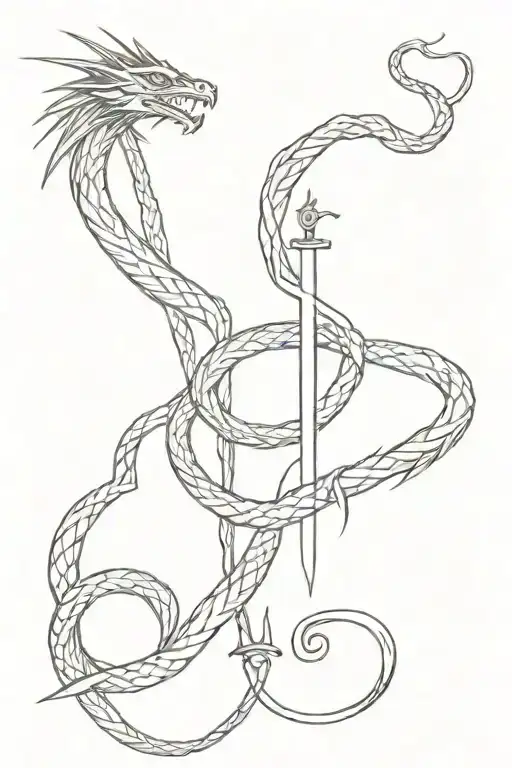 a sword going down my spine with a dragon and snake wrapped around on each side then facing each other at the top tattoo design idea