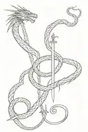 a sword going down my spine with a dragon and snake wrapped around on each side then facing each other at the top tattoo design idea