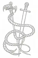 a sword going down my spine with a dragon and snake wrapped around on each side then facing each other at the top tattoo design idea