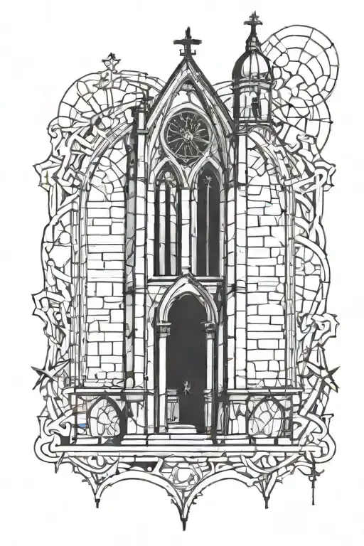 Gothic church, with stained glass windows on the leg tattoo design idea
