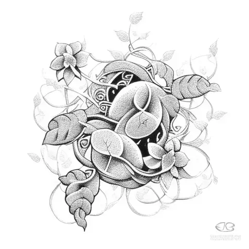 A retro video game controller intertwined with vines and flowers, symbolizing your passion for games and nature tattoo design idea
