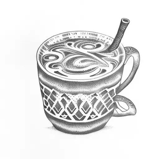 A dotwork tattoo of a coffee cup with intricate designs inspired by farm life tattoo design idea