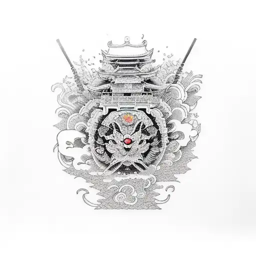 An intricate dotwork design featuring outdoor scenes and engineering tools tattoo design idea