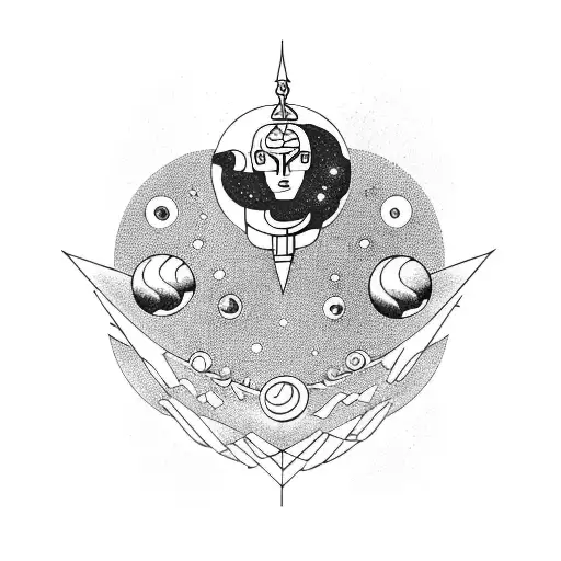 A cosmic pharaoh holding a staff with planets as ornaments tattoo design idea