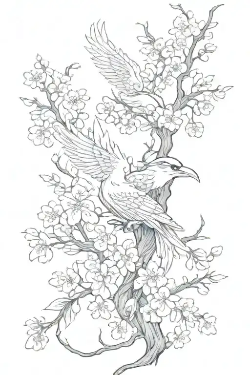 cherry blossoms, phoenix fantasy, linework, tattoo design idea