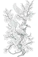 cherry blossoms, phoenix fantasy, linework, tattoo design idea
