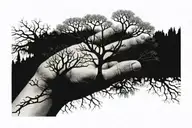 long leafless tree growing from a male finger hand  tattoo design idea