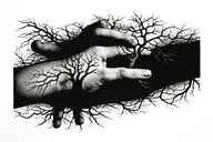 long leafless tree growing from a male finger hand  tattoo design idea