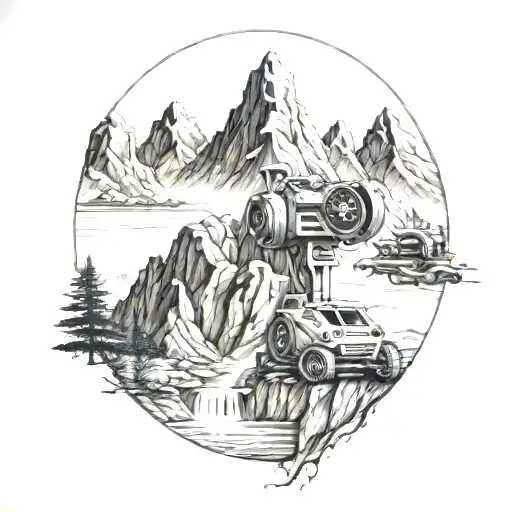 A tattoo of a CNC machine carving out a detailed mountain range tattoo design idea