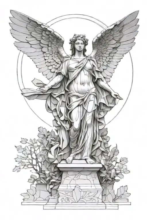 the sculpture of Winged Victory of Samothrace from Louvre Muse witth tree roots and geometric elements  tattoo design idea