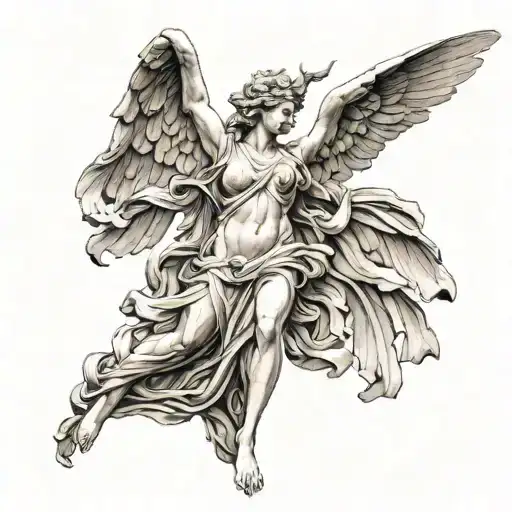 Create a image for a tattoo for the upper arm  combining: the sculpture of Winged Victory of Samothrace from Louvre Muse tattoo design idea