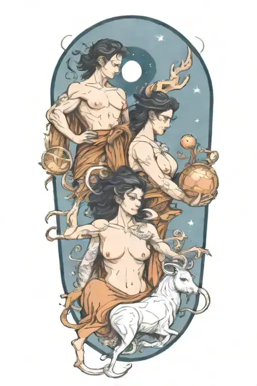 Taurus, Libra with scale and Gemini zodiac signs as people in 1 picture tattoo design idea