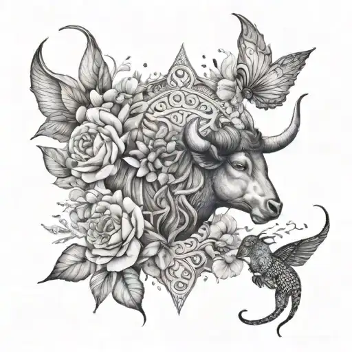 A dreamy tattoo design featuring Taurus, Libra, and Gemini as ethereal beings adorned with intricate floral details in a serene natural setting tattoo design idea