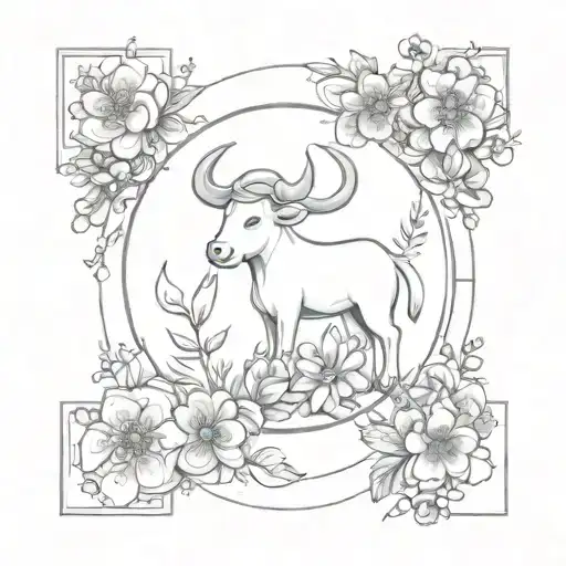 A mystical composition showcasing Taurus, Libra, and Gemini as celestial characters surrounded by an abundance of blooming flowers and enchanting nature elements tattoo design idea