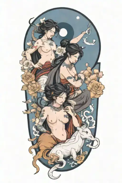 Taurus, Libra and Gemini zodiac signs as people in 1 picture tattoo design idea