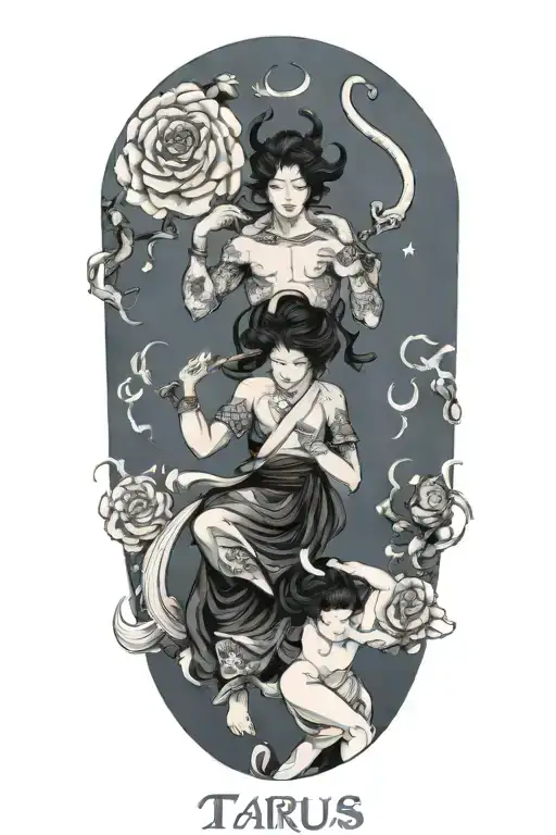 Taurus, Libra and Gemini zodiac signs as people in 1 picture tattoo design idea
