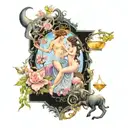 Taurus, Libra and Gemini zodiac signs in an ethereal scene togheter with a scale tattoo design idea