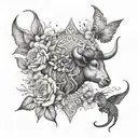 A dreamy tattoo design featuring Taurus, Libra, and Gemini as ethereal beings adorned with intricate floral details in a serene natural setting tattoo design idea
