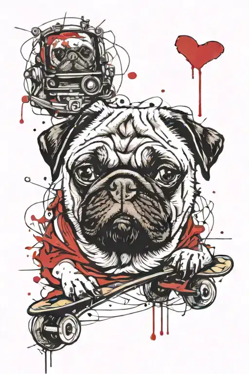 old grumpy pug, who loves mommy. who is will-power, and love skateboarding and dog training tattoo design idea