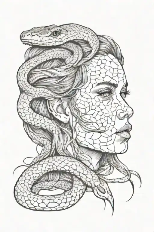girl face forward and looking forward with snakes and with hatching tattoo design idea
