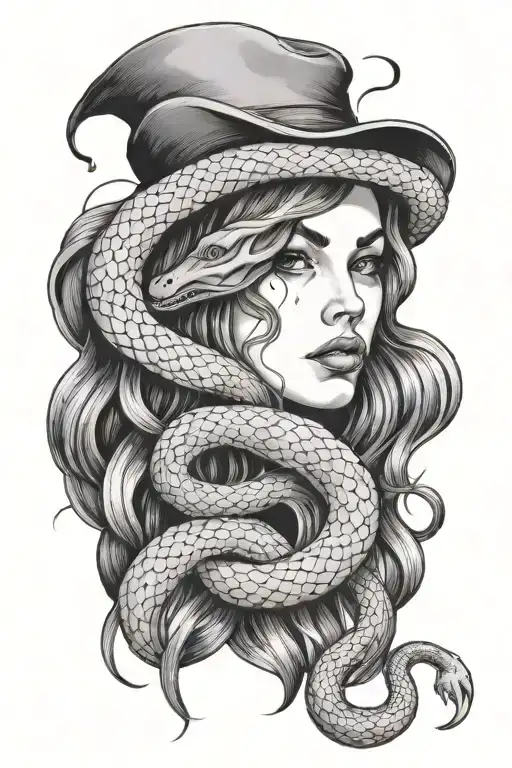 girl with long hair and snakes with hatching  tattoo design idea