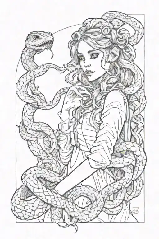 girl looking forward with snakes and with hatching tattoo design idea