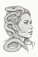 girl face forward and looking forward with snakes and with hatching tattoo design idea