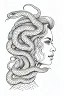 girl face forward and looking forward with snakes and with hatching tattoo design idea