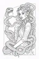 girl looking forward with snakes and with hatching tattoo design idea