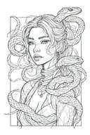 girl looking forward with snakes and with hatching tattoo design idea