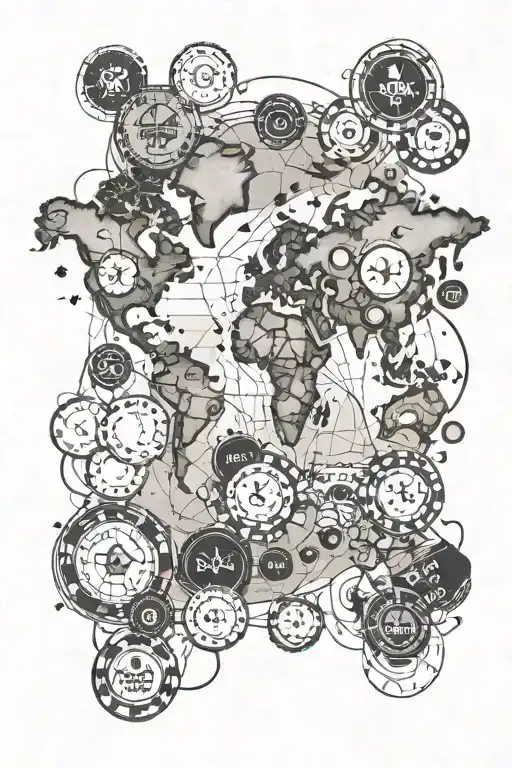A minimalist outline of a world map with poker chips marking different locations, representing the client's love for travel and poker tattoo design idea