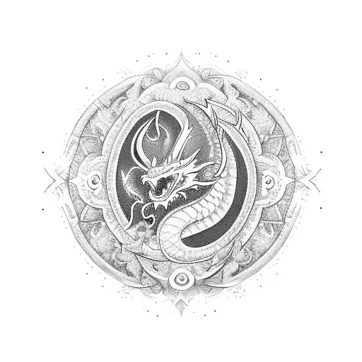 Design a blackwork tattoo of a dragon with metaphysical symbols incorporated into its scales tattoo design idea