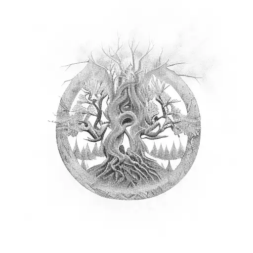 A beautifully detailed black and grey tattoo of a guitar merging seamlessly with the branches of a forest, capturing the essence of inner peace and the love for guitar music. tattoo design idea