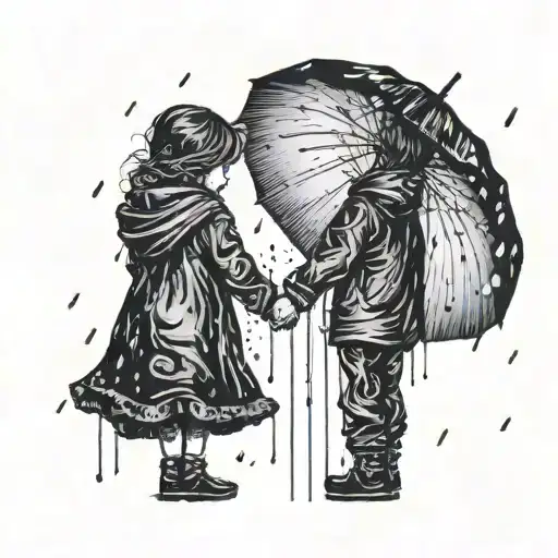 silhouette of sister holding younger brother's hand in the rain with umbrella tattoo design idea