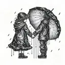 silhouette of sister holding younger brother's hand in the rain with umbrella tattoo design idea