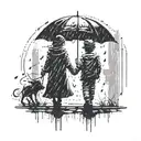 silhouette of sister holding younger brother's hand in the rain with umbrella tattoo design idea