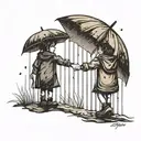 silhouette of sister holding younger brother's hand in the rain with umbrella tattoo design idea