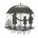 silhouette of sister holding younger brother's hand in the rain with umbrella tattoo design idea