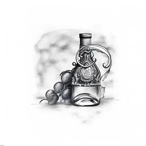 wine bottle with label on it and a grape leaf  tattoo design idea