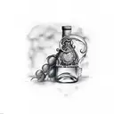 wine bottle with label on it and a grape leaf  tattoo design idea