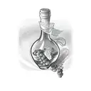 wine bottle with label on it and a grape leaf  tattoo design idea