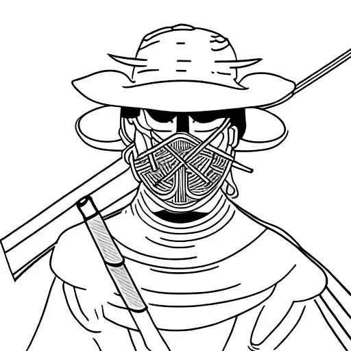 ronin with two swords and wearing a straw hat and a face mask he stands half-turned is visible from the waist up tattoo design idea