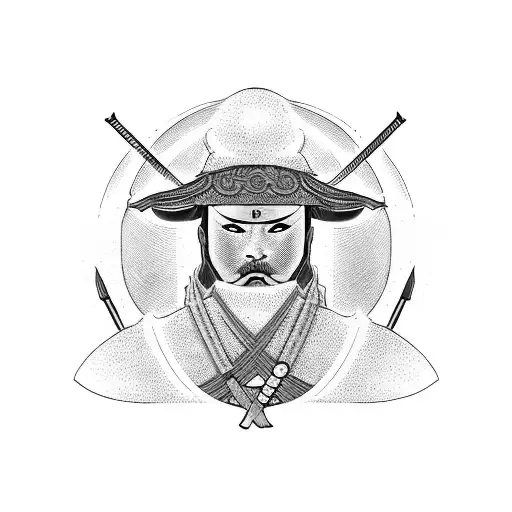 ronin with two swords and wearing a straw hat and a face mask he stands half-turned is visible from the waist up tattoo design idea